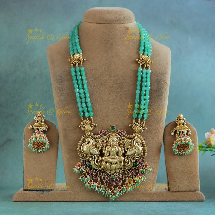 Grand Kemp Idol Lakshmi Peacock Floral pendant Haram with multilayered mintgreen beads - Sparkle and Glow - Back Thread - 