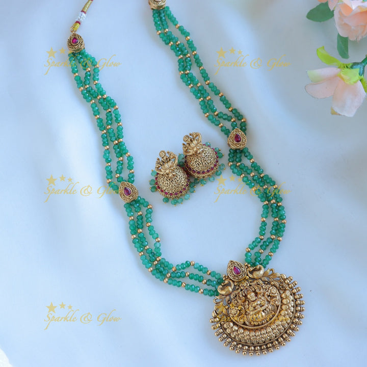 Grand Idol Lakshmi Peacock Floral pendant Haram with three layered mintgreen beads