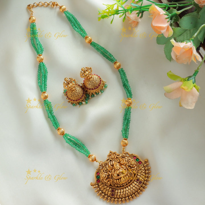 Grand Idol Lakshmi Flower pendant Haram with three layered mintgreen gold ball beads