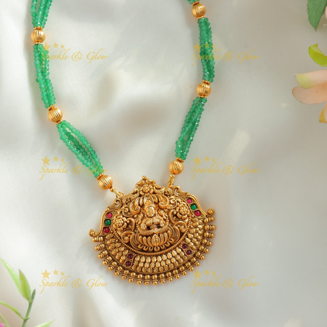Grand Idol Lakshmi Flower pendant Haram with three layered mintgreen gold ball beads