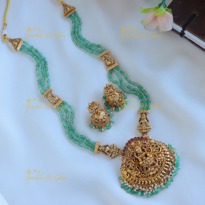 Grand Kemp Lakshmi Floral pendant haram with three layered peacock mintgreen beads