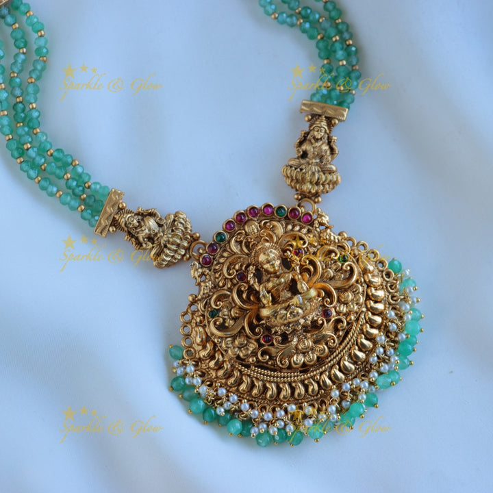Grand Kemp Lakshmi Floral pendant haram with three layered peacock mintgreen beads