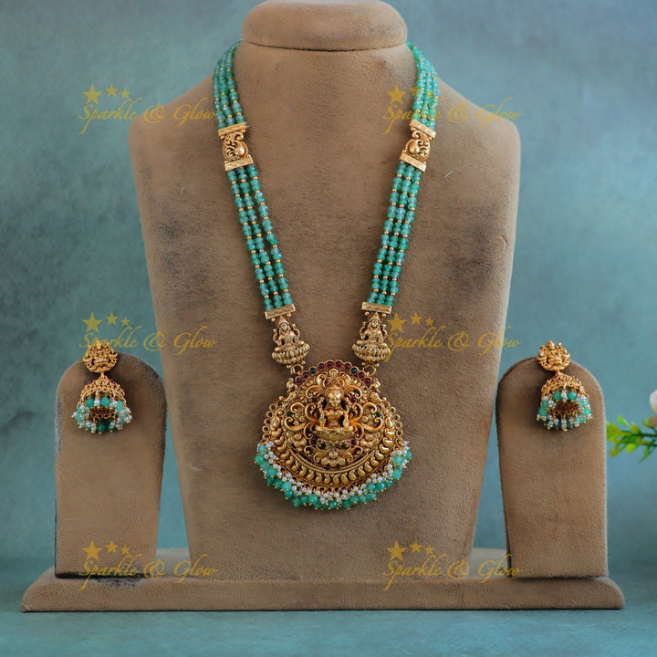 Grand Kemp Lakshmi Floral pendant haram with three layered peacock mintgreen beads
