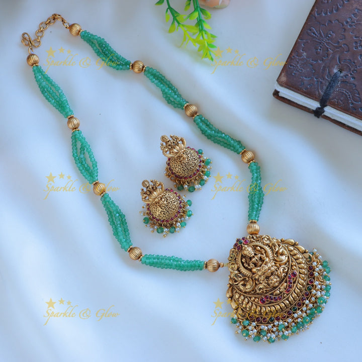 Grand Kemp Lakshmi Peacock pendant haram with three layered mintgreen ball beads