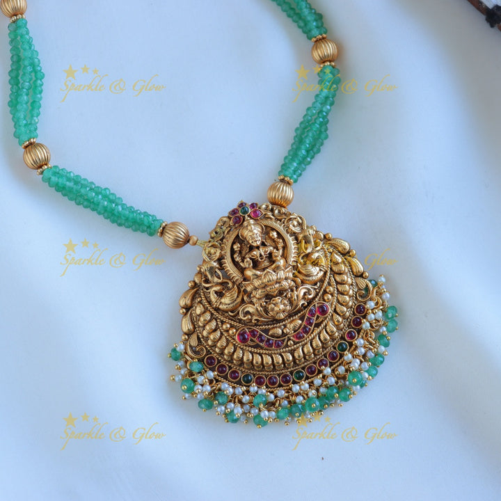 Grand Kemp Lakshmi Peacock pendant haram with three layered mintgreen ball beads