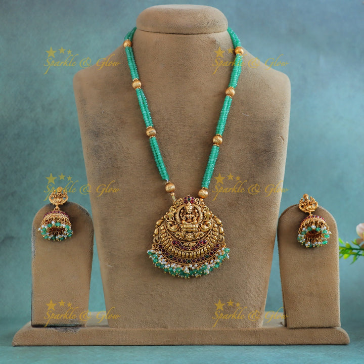 Grand Kemp Lakshmi Peacock pendant haram with three layered mintgreen ball beads
