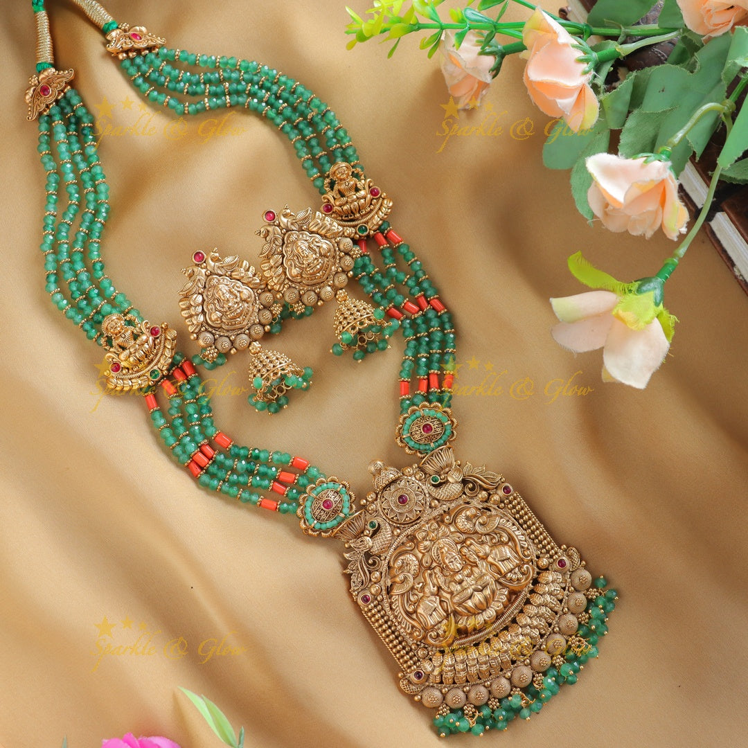 Grand Lakshmi Elephant pendant Haram with multilayered mintgreen and coral beads