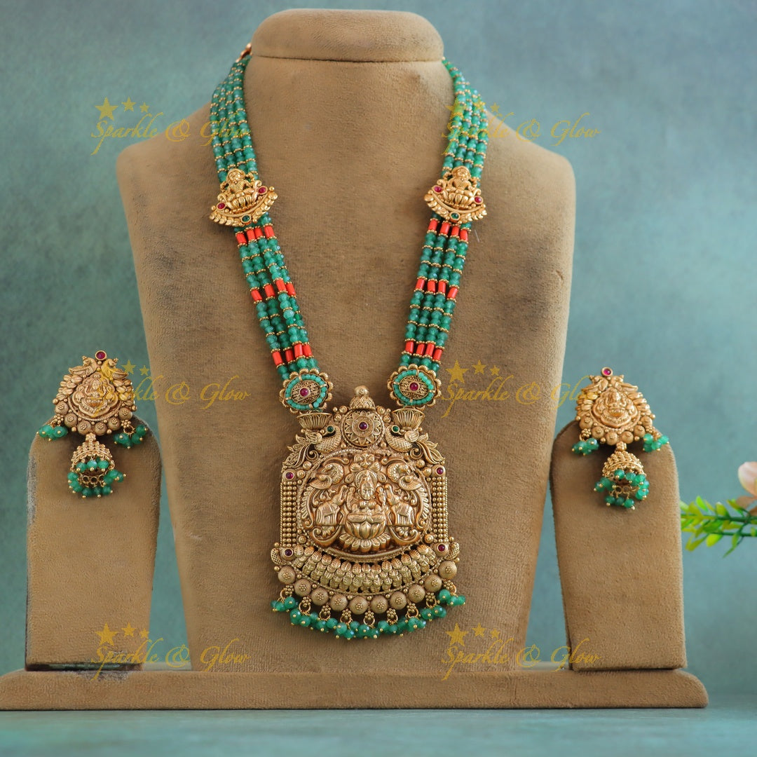 Grand Lakshmi Elephant pendant Haram with multilayered mintgreen and coral beads