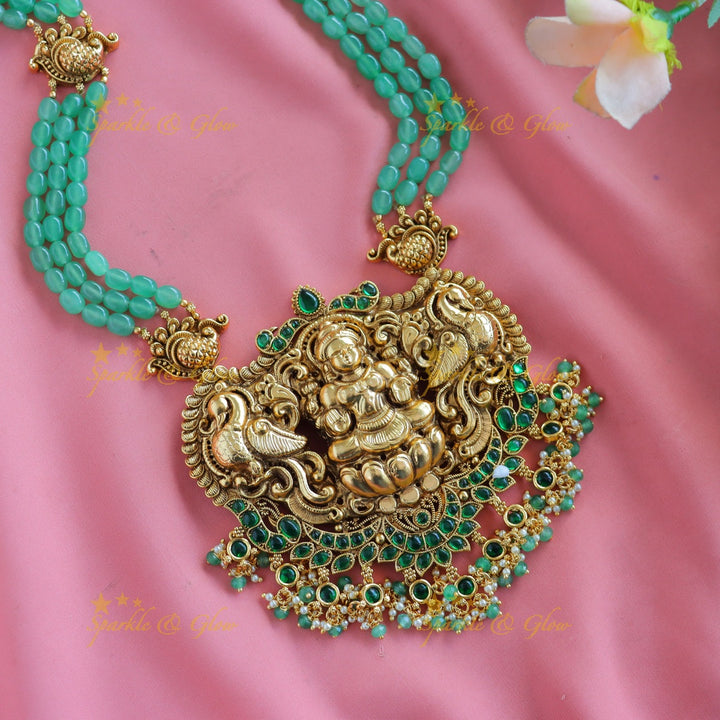 Grand Kemp Idol Lakshmi Peacock Floral pendant Haram with multilayered mintgreen beads-Green