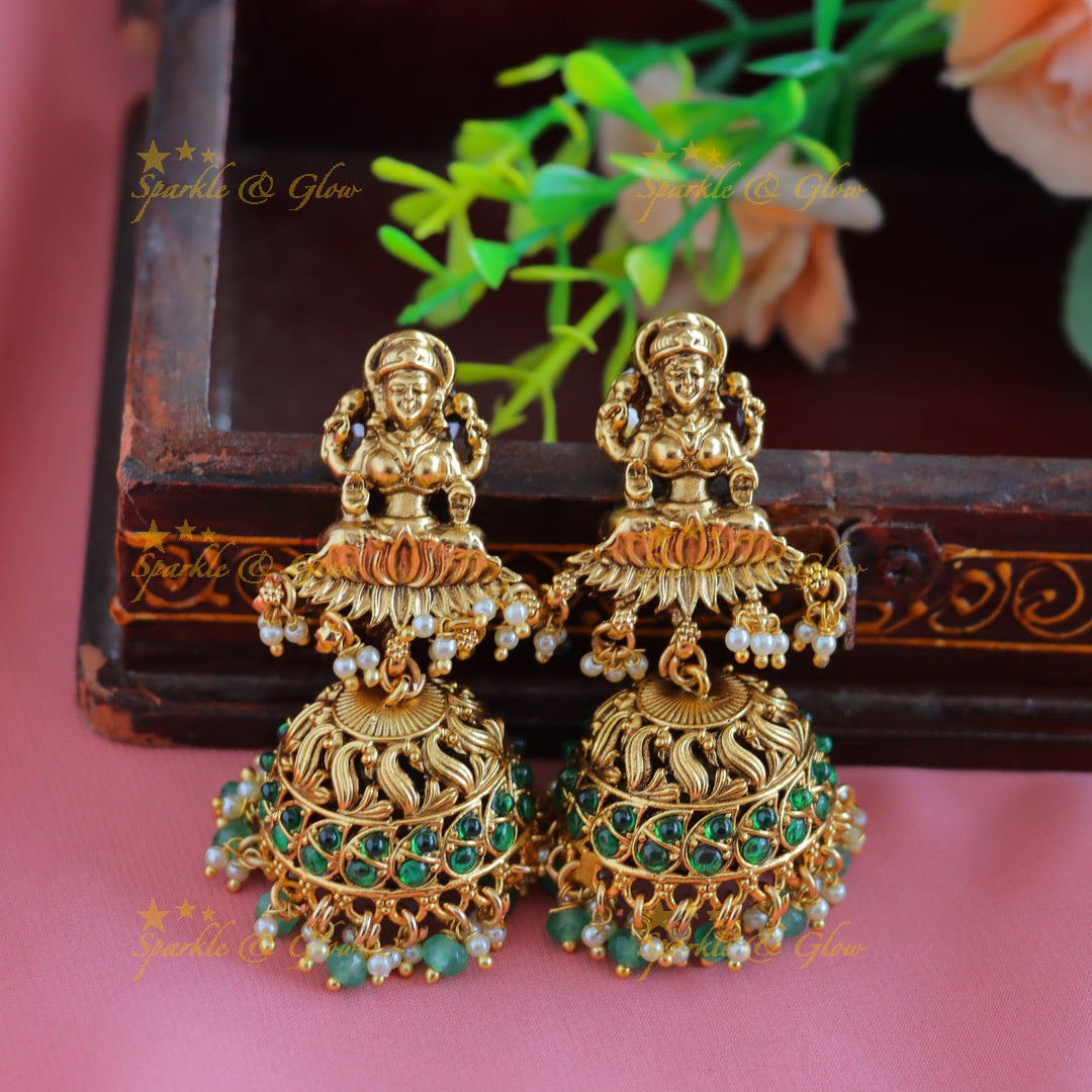 Grand Kemp Idol Lakshmi Peacock Floral pendant Haram with multilayered mintgreen beads-Green