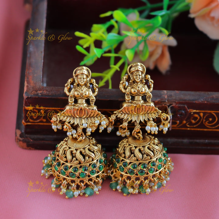 Grand Kemp Idol Lakshmi Peacock Floral pendant Haram with multilayered mintgreen beads-Green