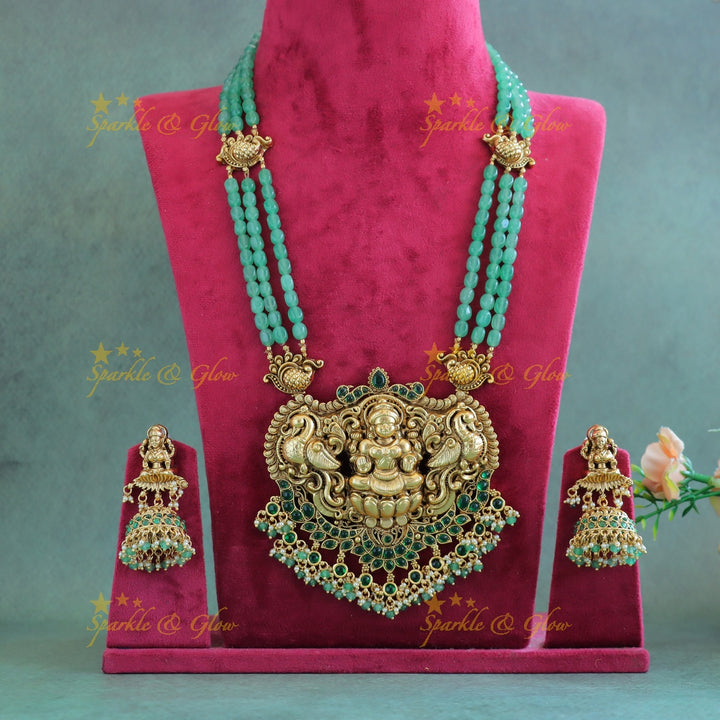 Grand Kemp Idol Lakshmi Peacock Floral pendant Haram with multilayered mintgreen beads-Green