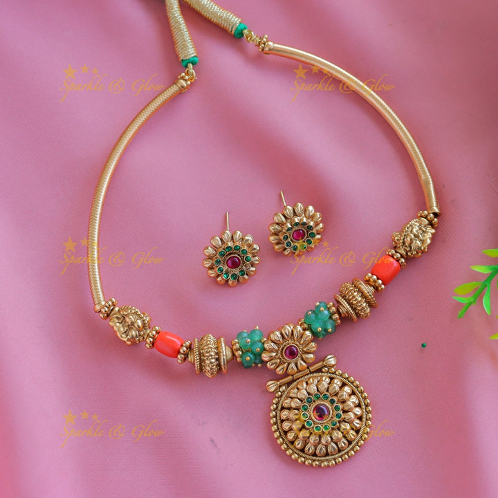 Elegant Floral pendant Coral beaded Hasli short necklace