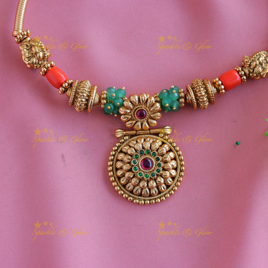 Elegant Floral pendant Coral beaded Hasli short necklace