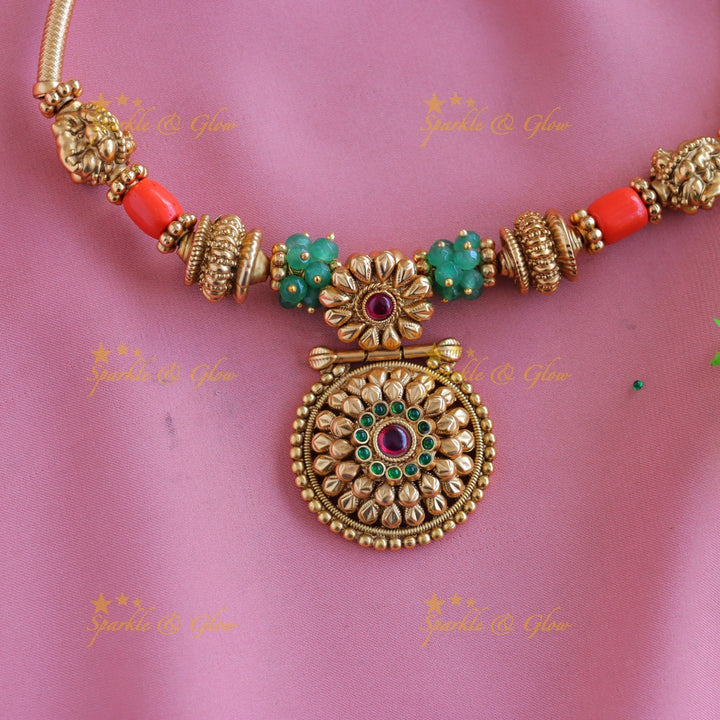 Elegant Floral pendant Coral beaded Hasli short necklace