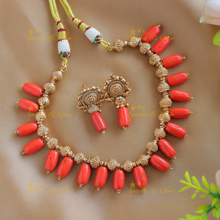 Elegant Ball beaded Short necklace with Coral beads
