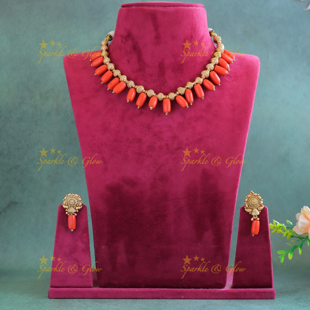 Elegant Ball beaded Short necklace with Coral beads