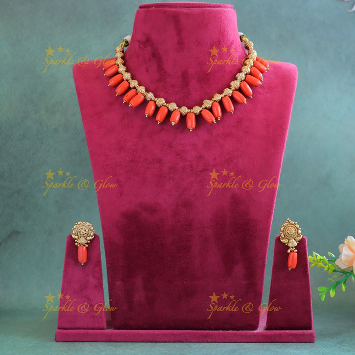 Elegant Ball beaded Short necklace with Coral beads