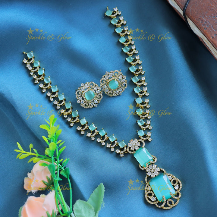 Gracious Square stone and Floral pendant carved Victorian AD short necklace-Blue