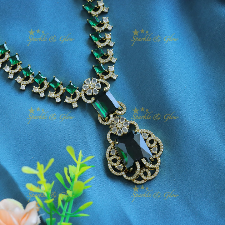 Gracious Square stone and Floral pendant carved Victorian AD short necklace-Green