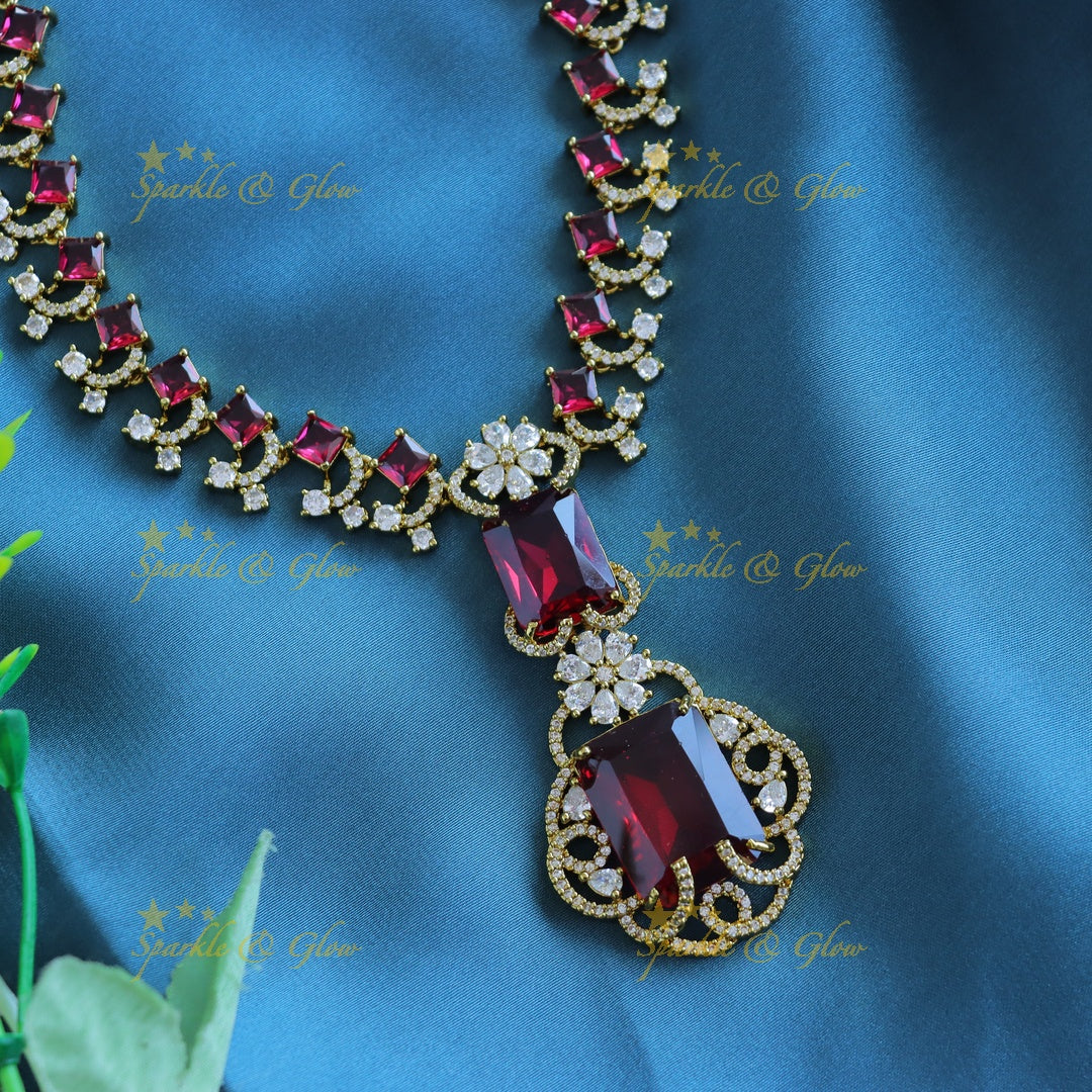 Gracious Square stone and Floral pendant carved Victorian AD short necklace-Red