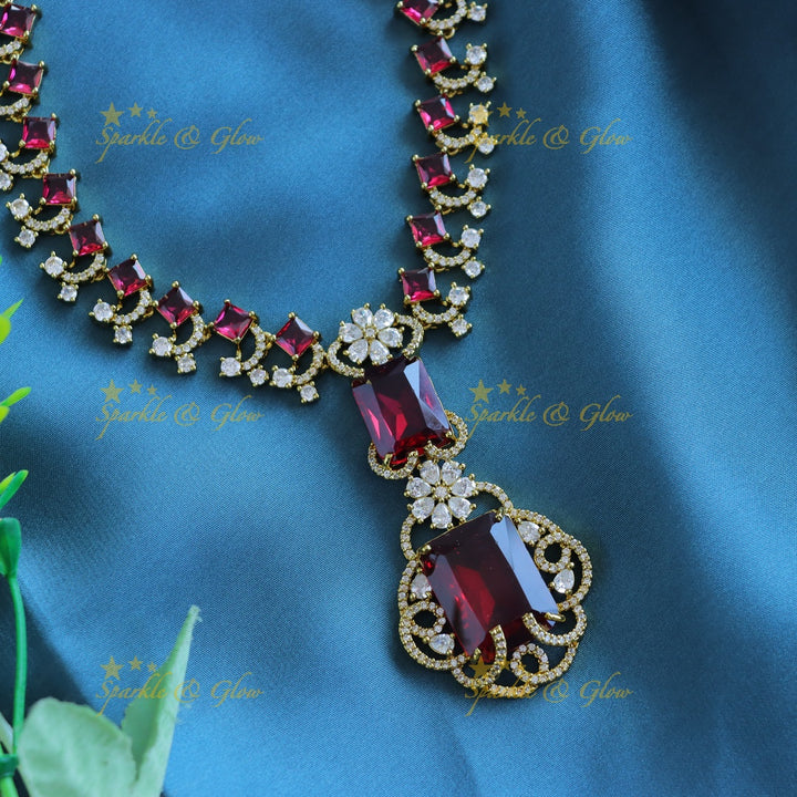 Gracious Square stone and Floral pendant carved Victorian AD short necklace-Red