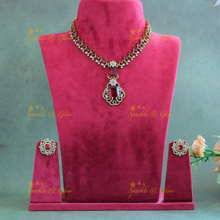 Gracious Square stone and Floral pendant carved Victorian AD short necklace-Red