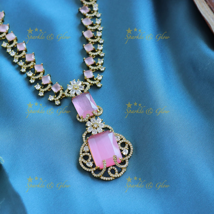 Gracious Square stone and Floral pendant carved Victorian AD short necklace-Light pink