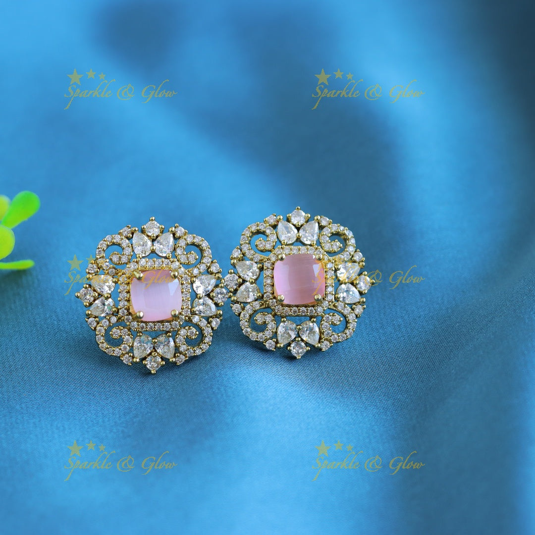 Gracious Square stone and Floral pendant carved Victorian AD short necklace-Light pink