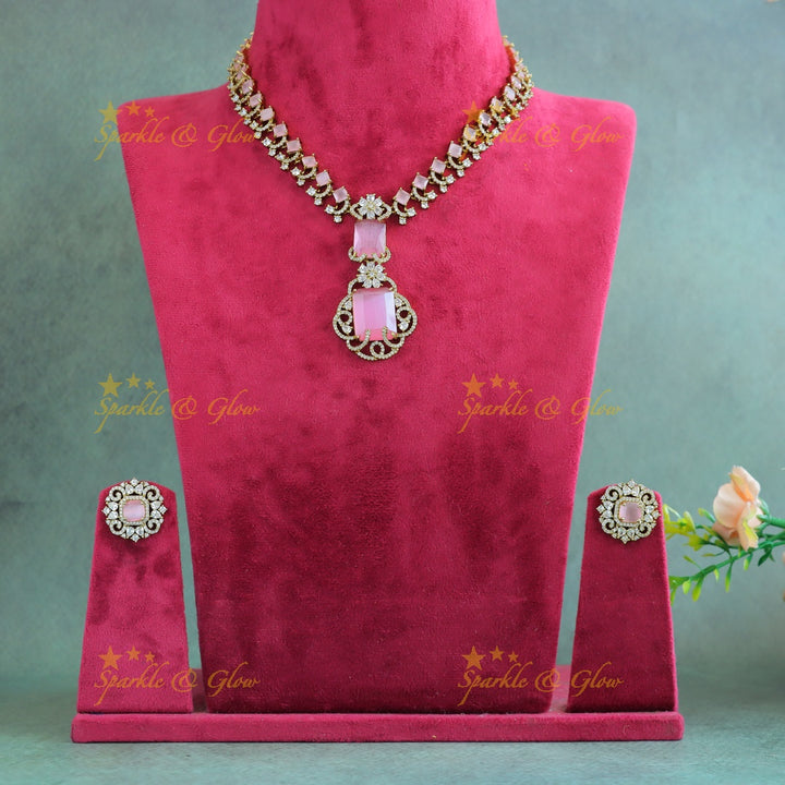 Gracious Square stone and Floral pendant carved Victorian AD short necklace-Light pink