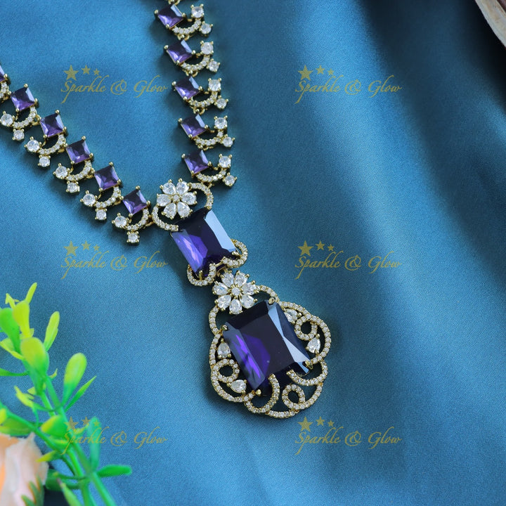 Gracious Square stone and Floral pendant carved Victorian AD short necklace-Blue