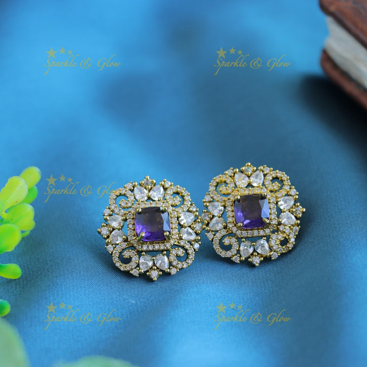 Gracious Square stone and Floral pendant carved Victorian AD short necklace-Blue