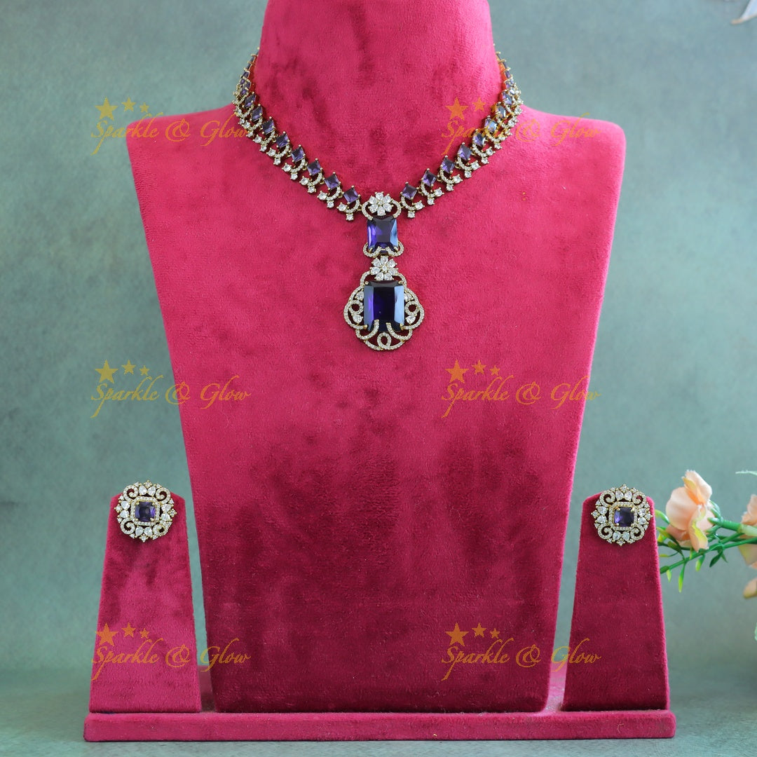 Gracious Square stone and Floral pendant carved Victorian AD short necklace-Blue