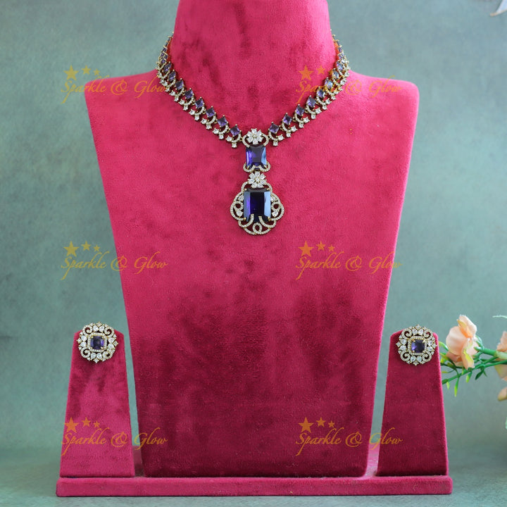 Gracious Square stone and Floral pendant carved Victorian AD short necklace-Blue