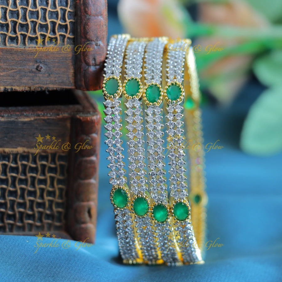 Gracious American Diamond Bangles with Oval shape Emerald stones,two pairs,green, 2.8 - Sparkle and Glow - 2.4 - 