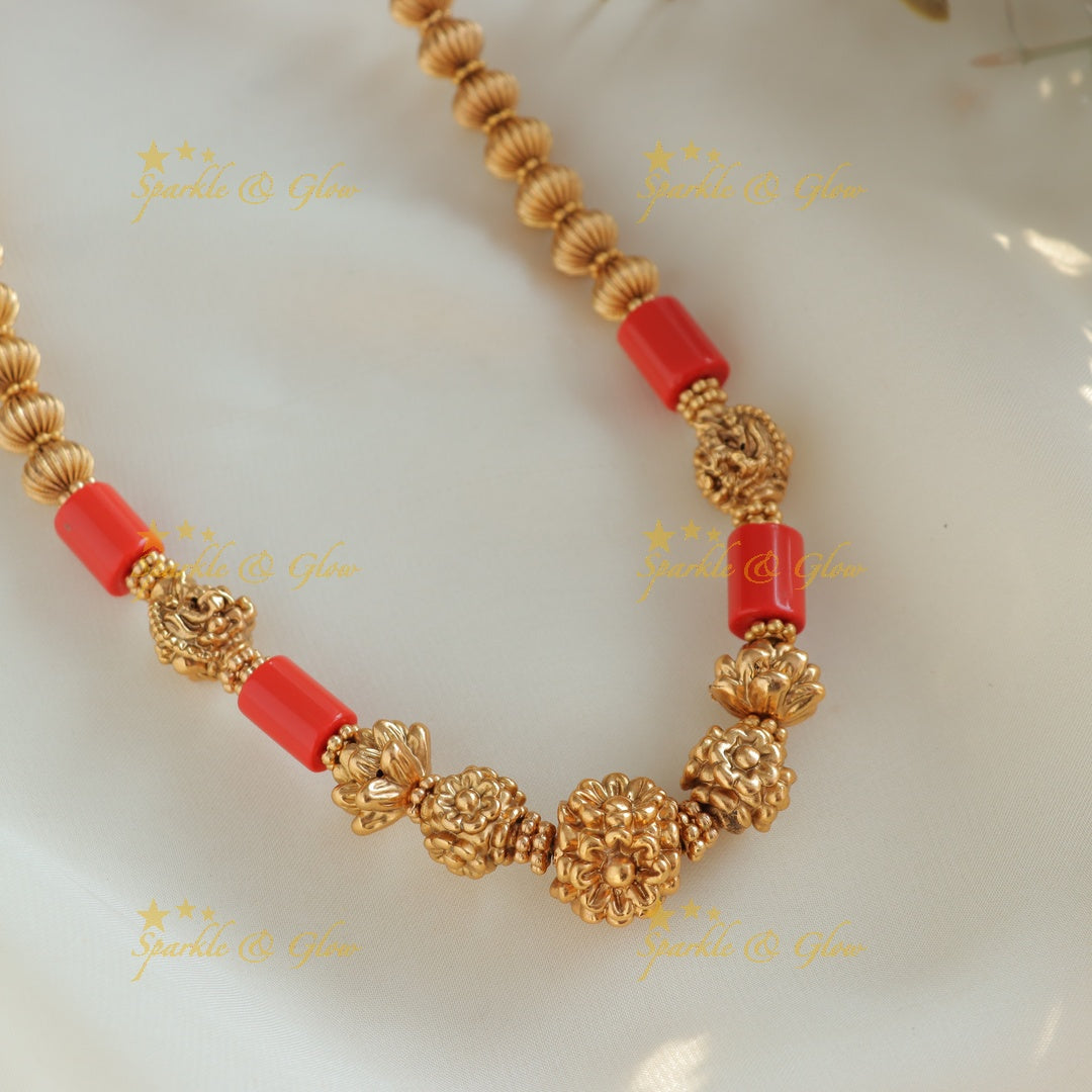 Elegant Coral and Gold ball beaded short necklace