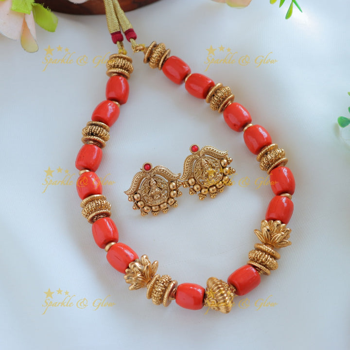 Statement Idol Lakshmi Flower design Coral beaded short necklace