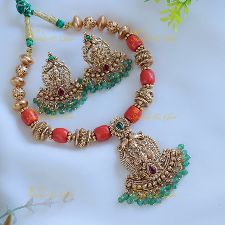 Grand Idol Lakshmi Elephant pendant carved short necklace with green and coral beads