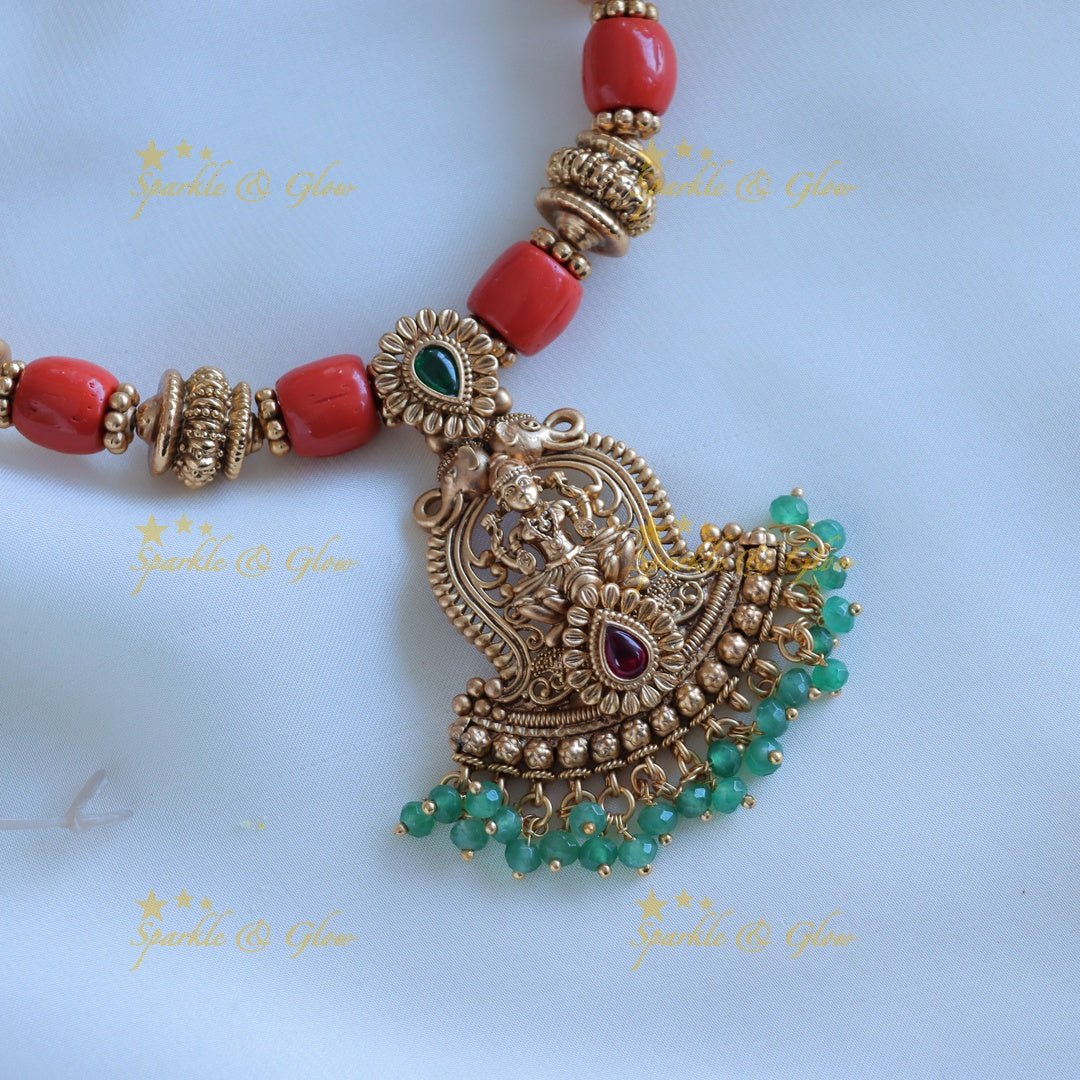 Grand Idol Lakshmi Elephant pendant carved short necklace with green and coral beads