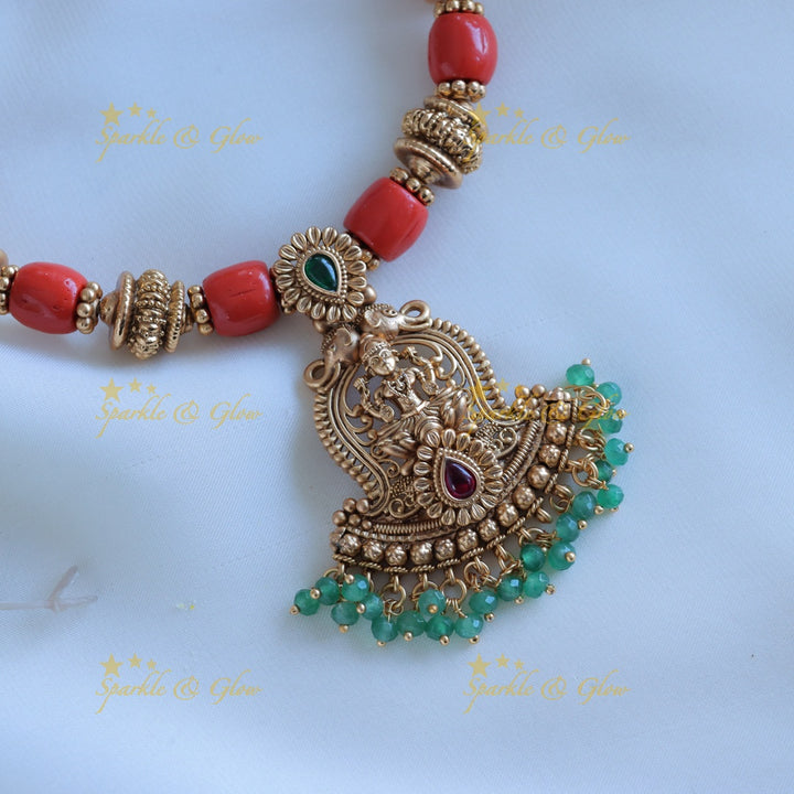 Grand Idol Lakshmi Elephant pendant carved short necklace with green and coral beads