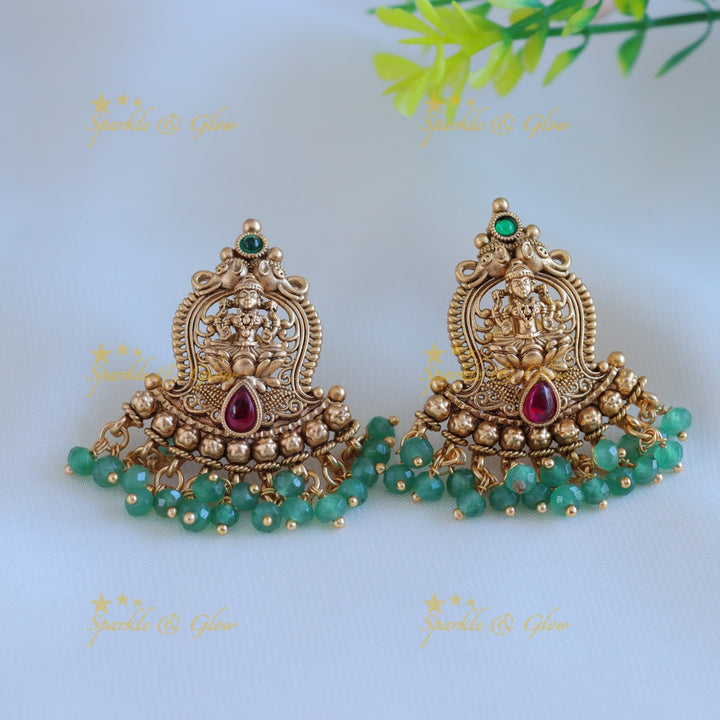 Grand Idol Lakshmi Elephant pendant carved short necklace with green and coral beads