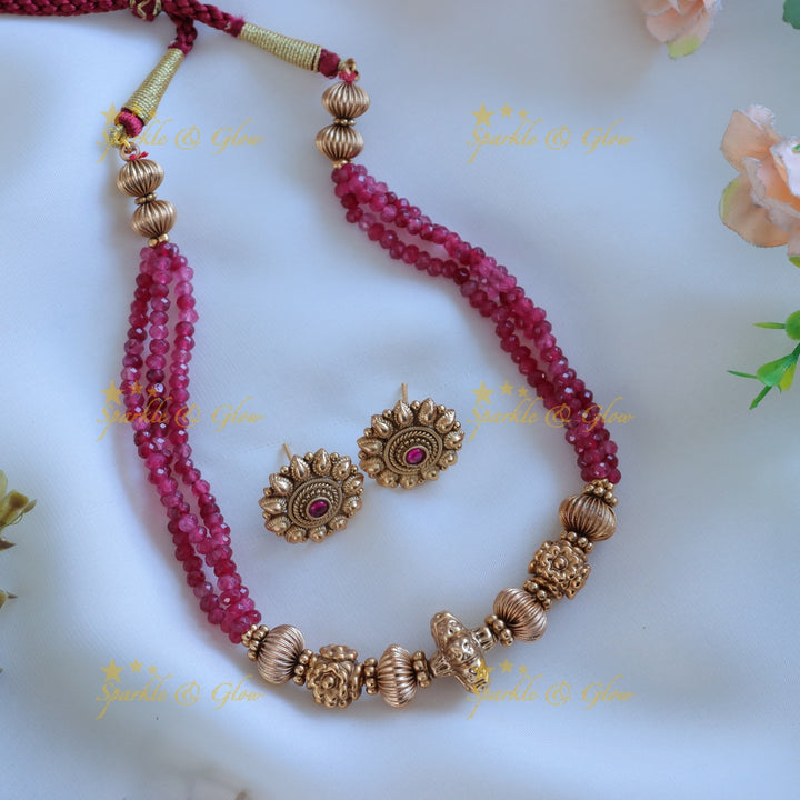 Elegant Gold ball and floral beaded short necklace with pink crystal beads