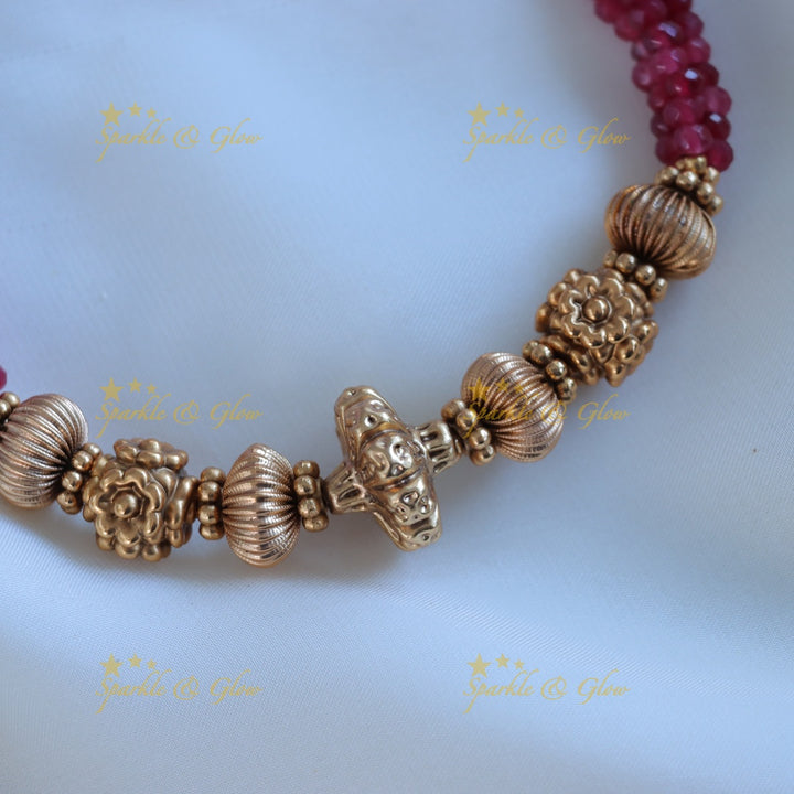 Elegant Gold ball and floral beaded short necklace with pink crystal beads