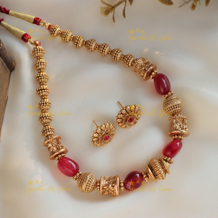 Beautiful Gold ball beaded short necklace with red beads - Red - Sparkle and Glow - Red - Back Thread