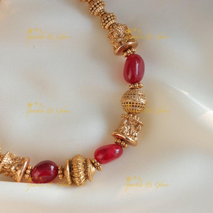 Beautiful Gold ball beaded short necklace with red beads - Red - Sparkle and Glow - Green - Back Thread