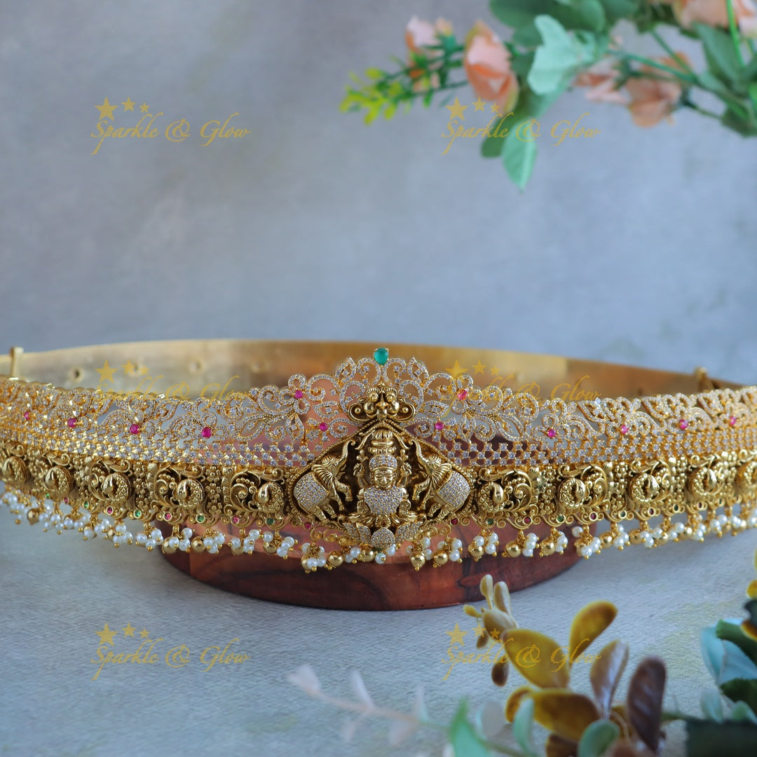 Grand Idol Lakshmi Elephant carved Hipbelt with cz stones