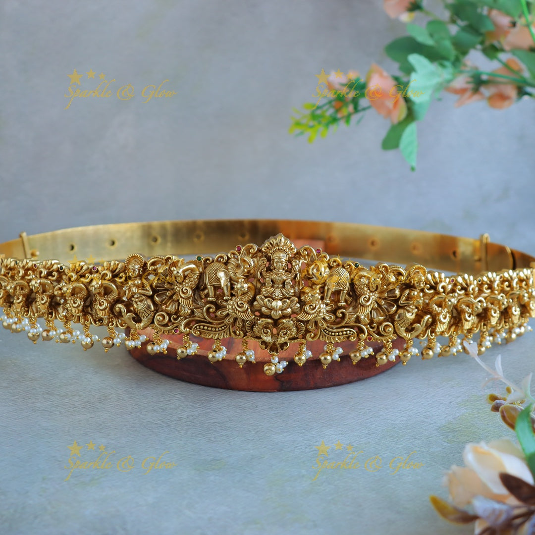 Sparkling Idol Lakshmi Elephant carved Hipbelt with pearls and gold beads