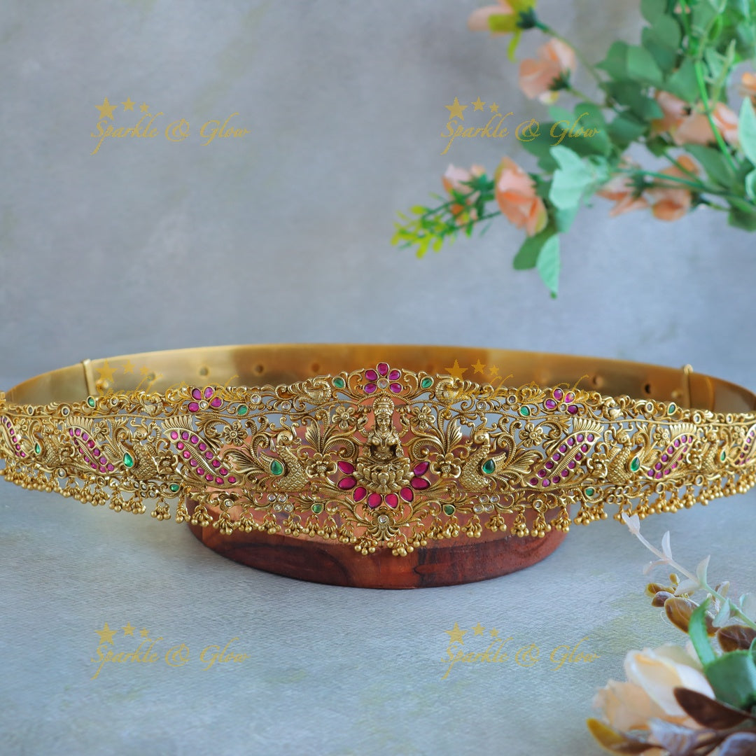 Beautiful Idol Lakshmi On Lotus carved Peacock Hipbelt with gold beads