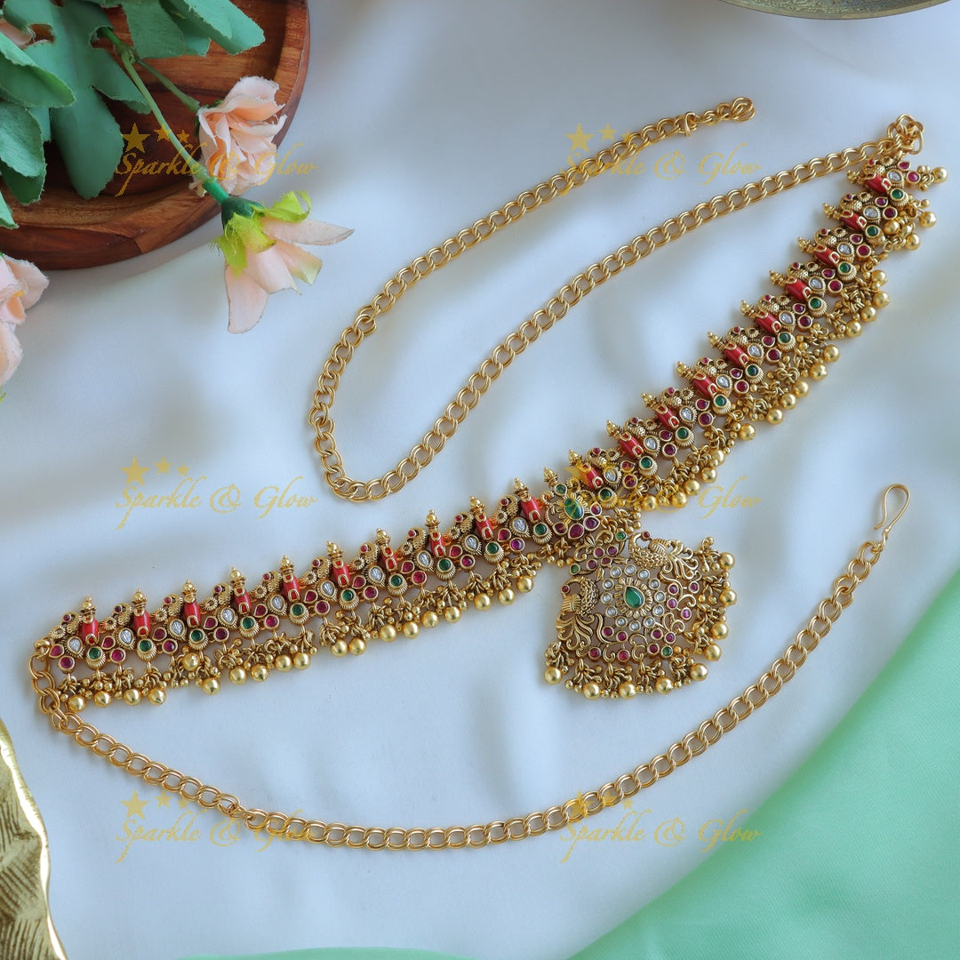 Statement Kemp Peacock Floral Hipchain with Coral and gold beads