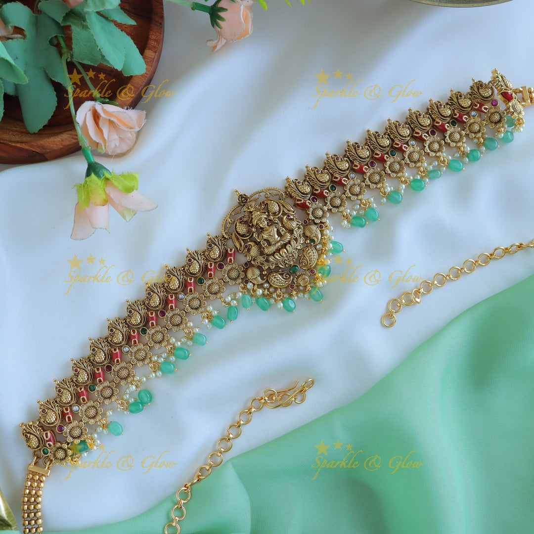 Sparkling Lakshmi Peacock Floral carved Hipchain with Mintgreen beads